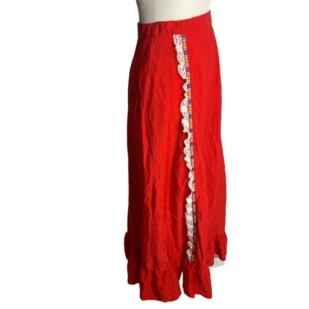 Vintage 70s Soft Corduroy Skirt S Red Lace Ruffle Prairie Cottage Core